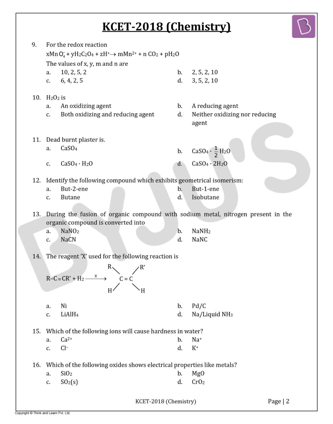 KCET 2018 Chemistry Question Paper with Solutions