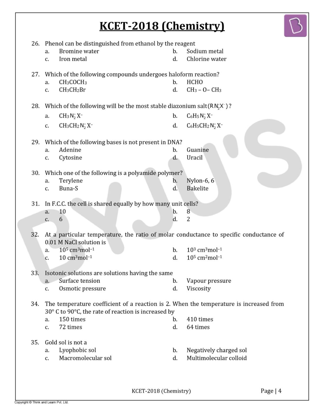 KCET 2018 Chemistry Question Paper with Solutions