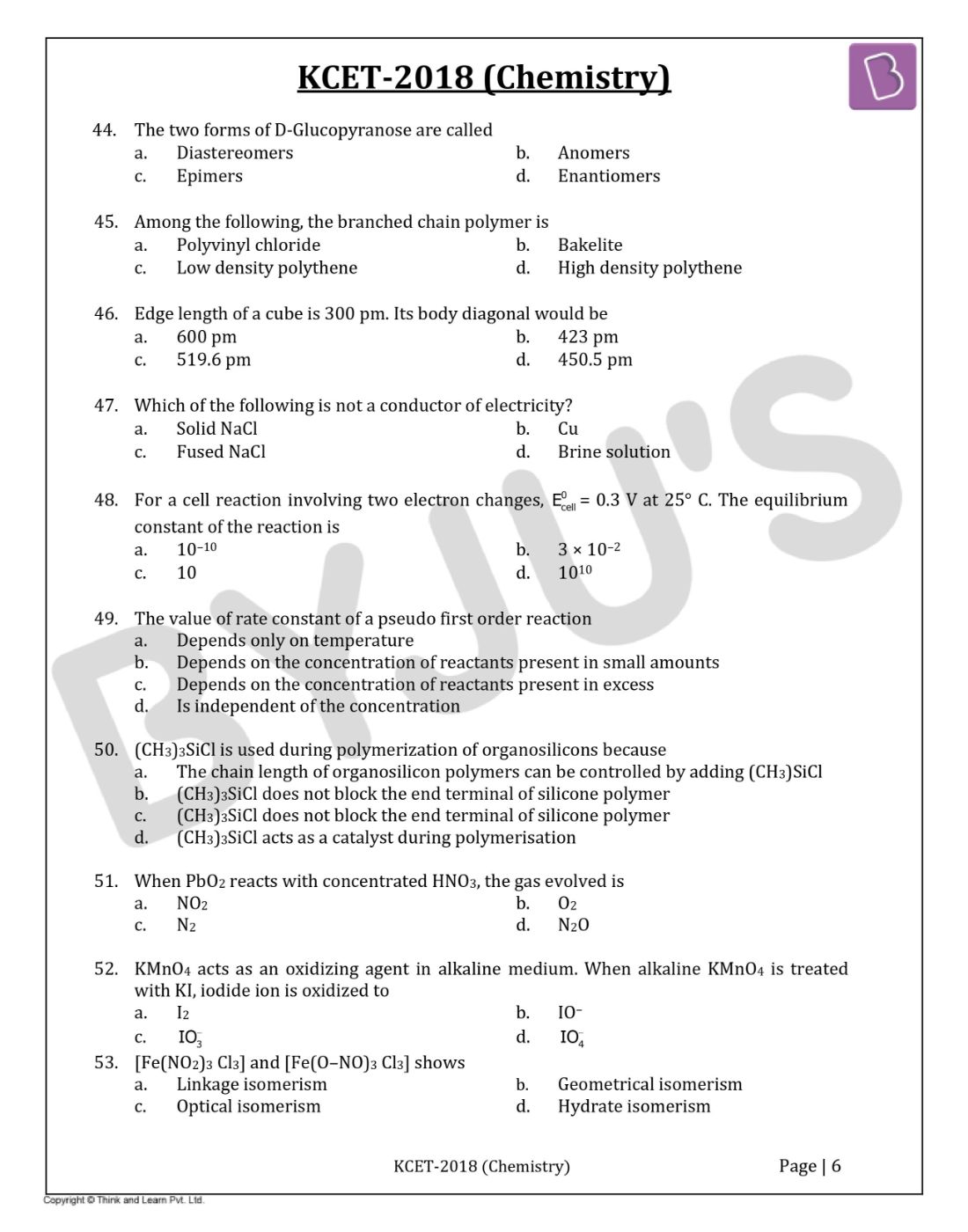 KCET 2018 Chemistry Question Paper with Solutions