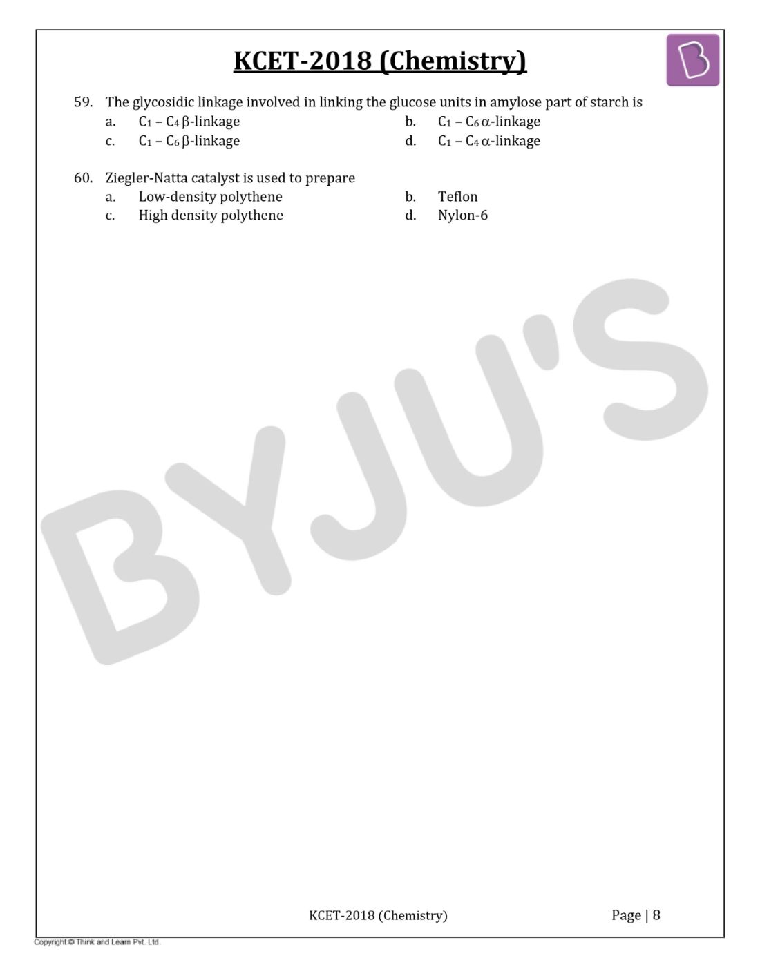 KCET 2018 Chemistry Question Paper with Solutions
