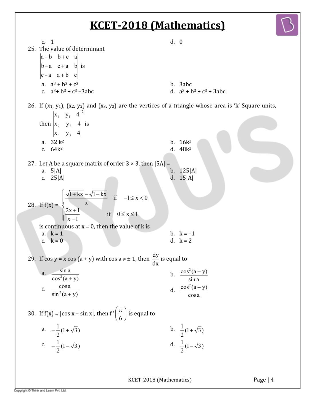 KCET 2018 Maths Question Paper with Solutions