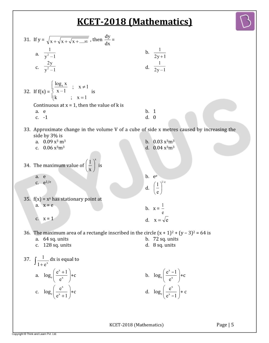 KCET 2018 Maths Question Paper with Solutions