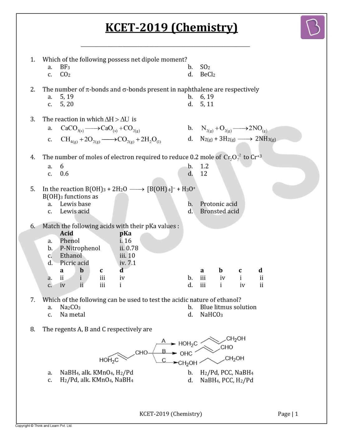 KCET 2019 Chemistry Question Paper with Solutions
