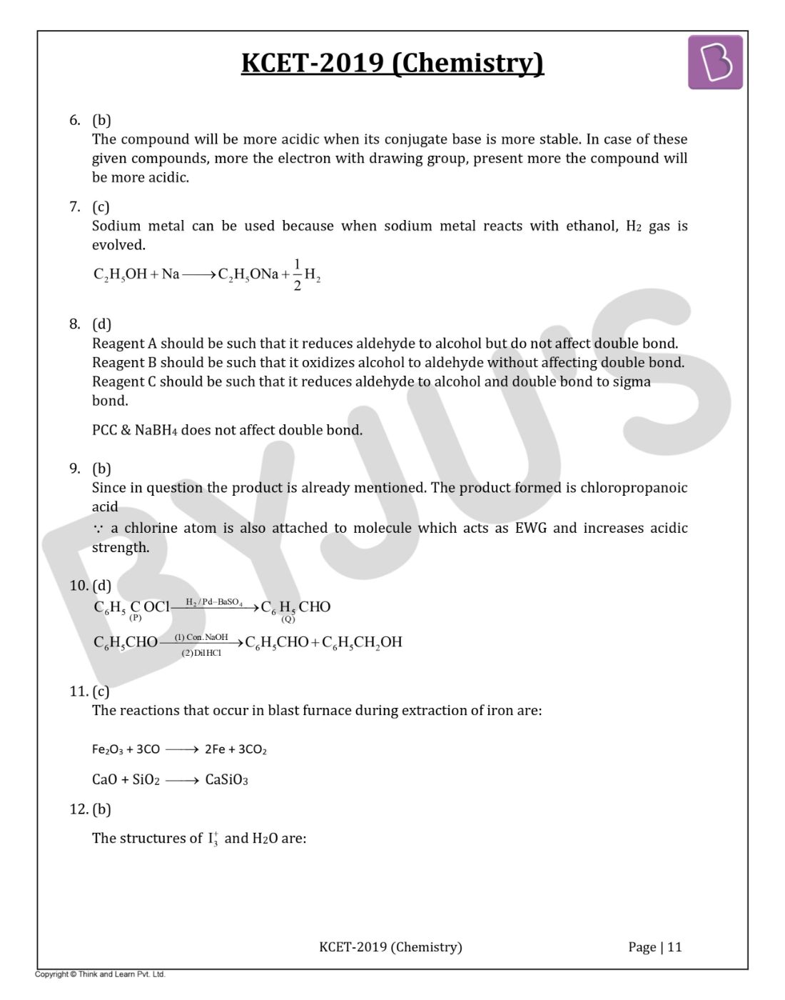KCET 2019 Chemistry Question Paper with Solutions