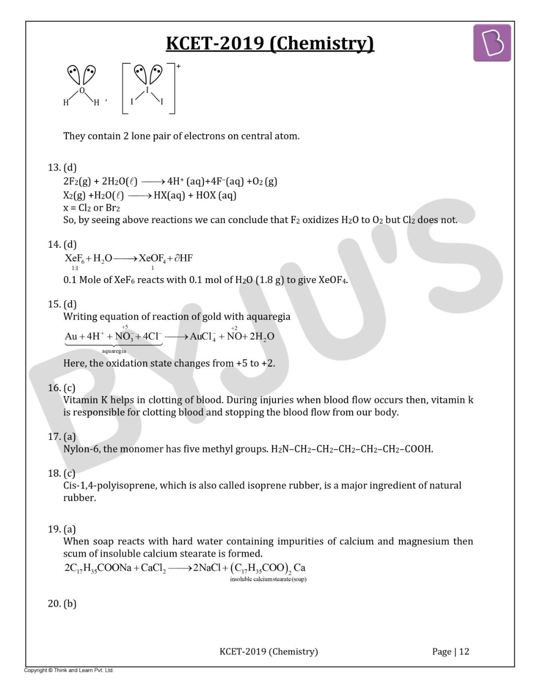 KCET 2019 Chemistry Question Paper with Solutions
