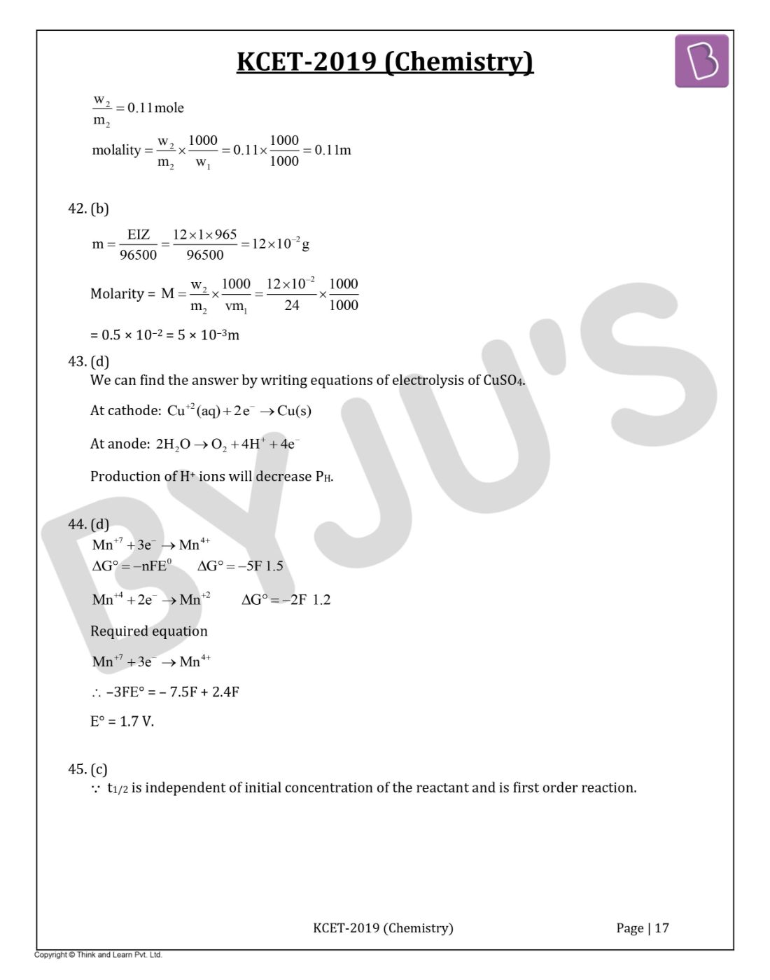KCET 2019 Chemistry Question Paper with Solutions