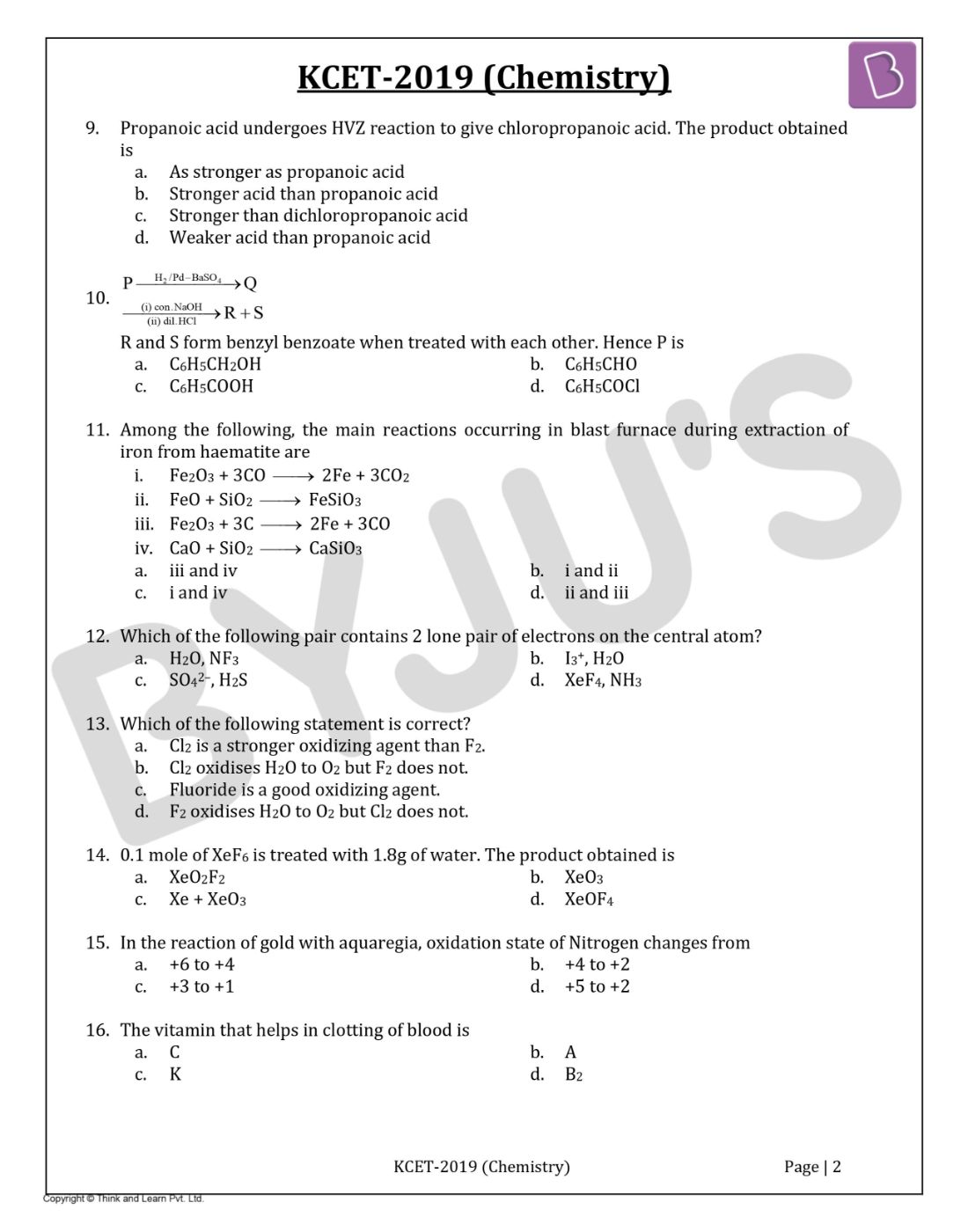 KCET 2019 Chemistry Question Paper with Solutions