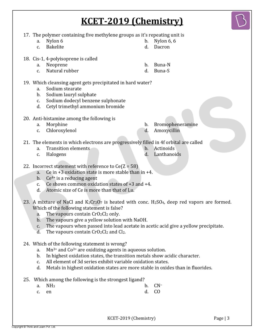 KCET 2019 Chemistry Question Paper with Solutions