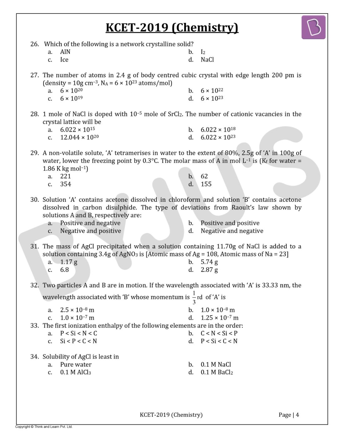KCET 2019 Chemistry Question Paper with Solutions