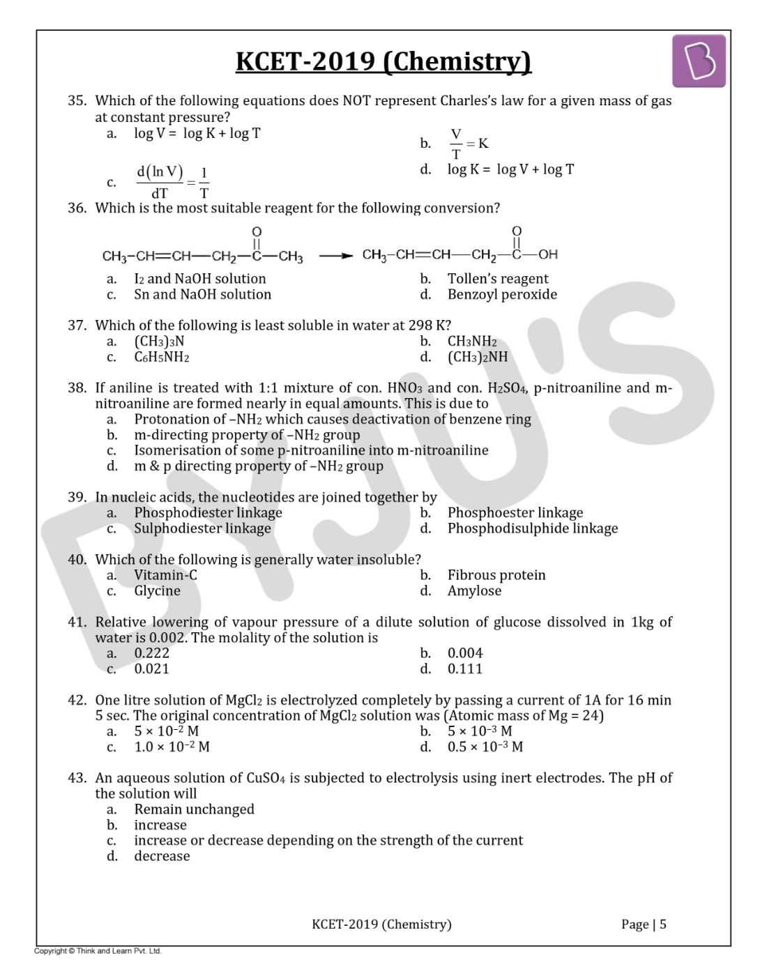 KCET 2019 Chemistry Question Paper with Solutions