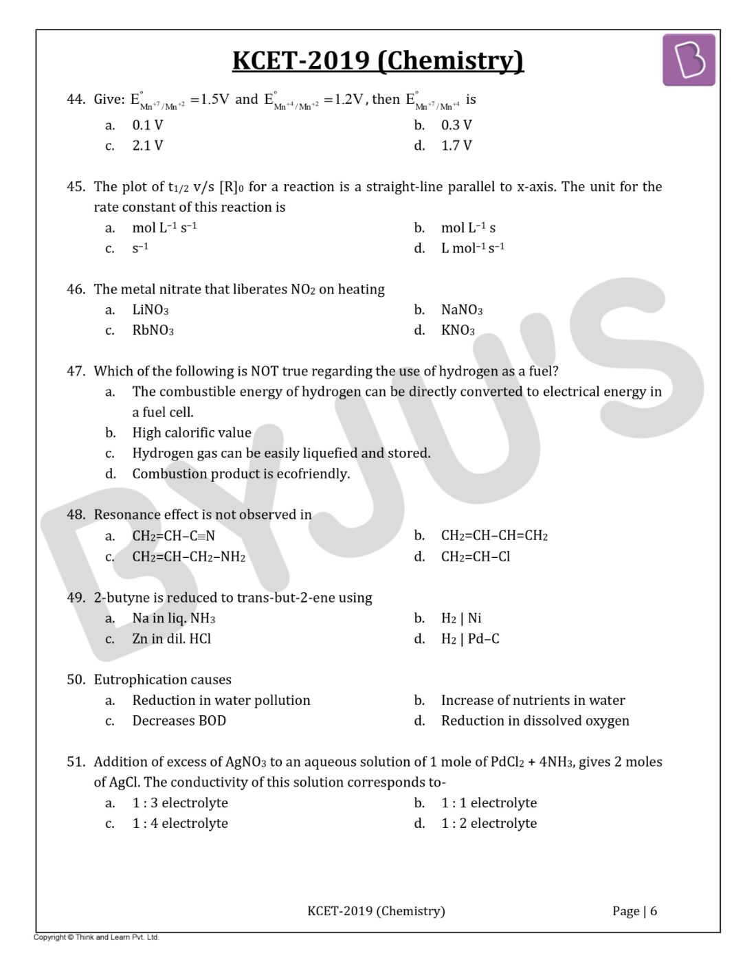 KCET 2019 Chemistry Question Paper with Solutions