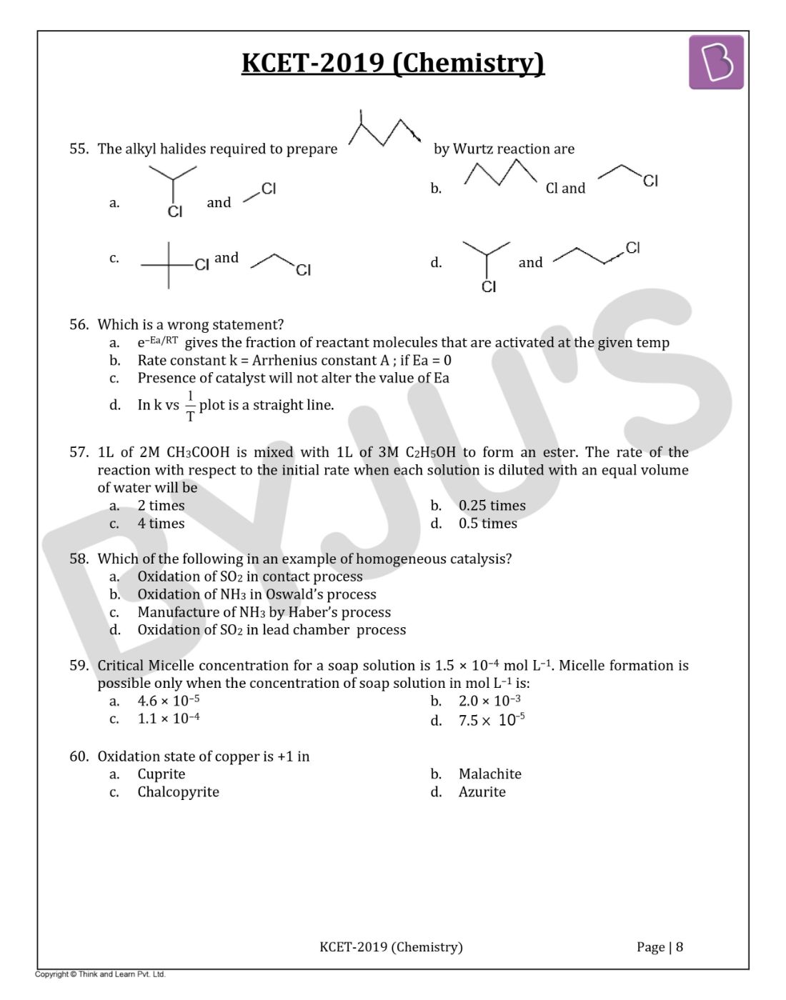 KCET 2019 Chemistry Question Paper with Solutions