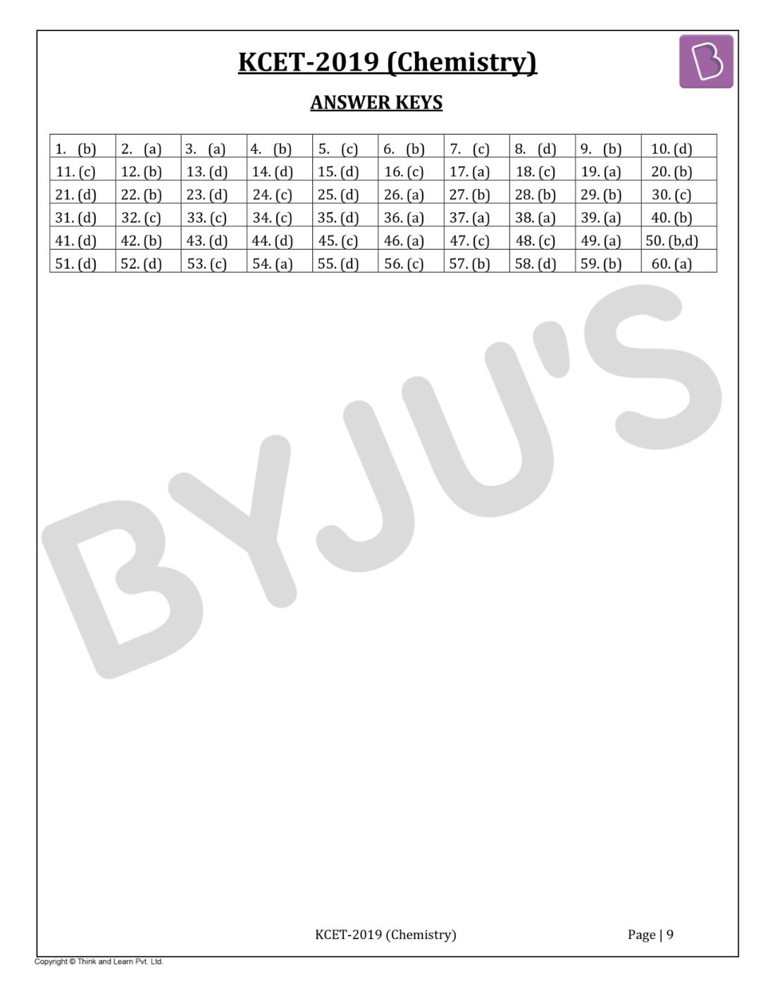 KCET 2019 Chemistry Question Paper with Solutions