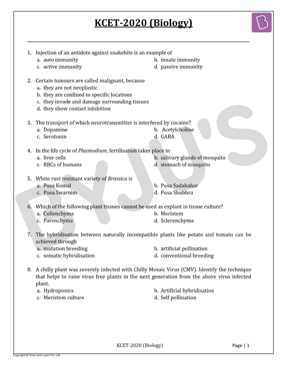KCET 2020 Biology Question Paper with Solutions