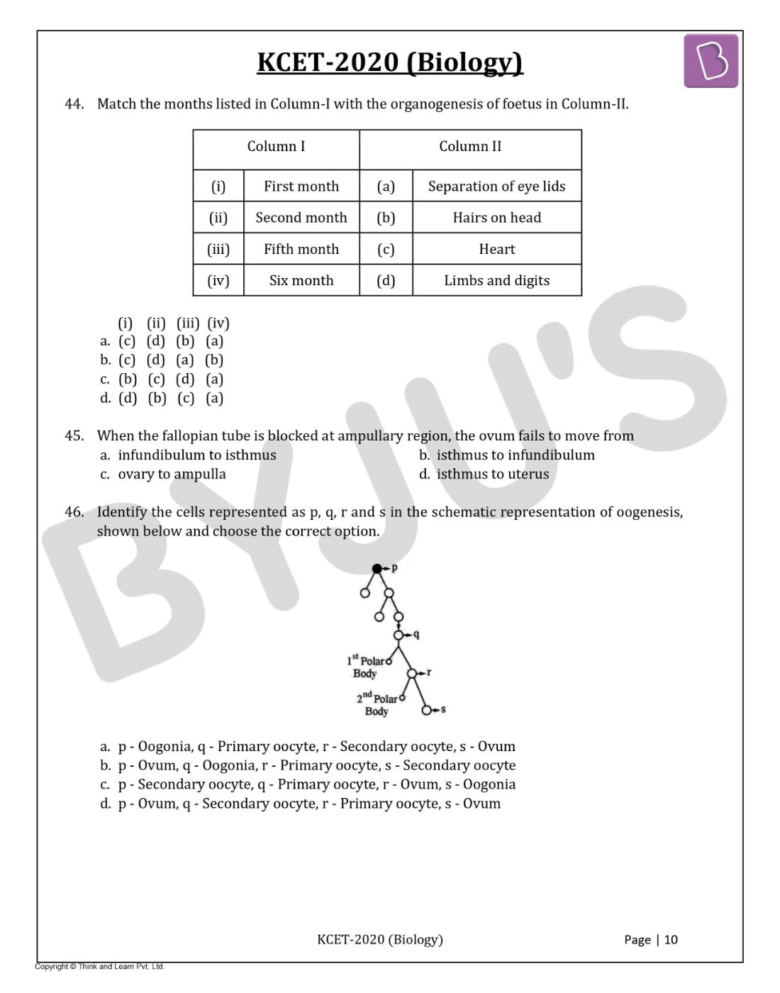 KCET 2020 Biology Question Paper with Solutions