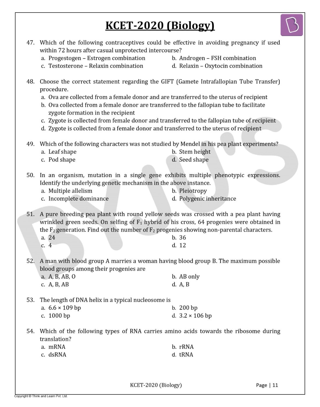 KCET 2020 Biology Question Paper with Solutions