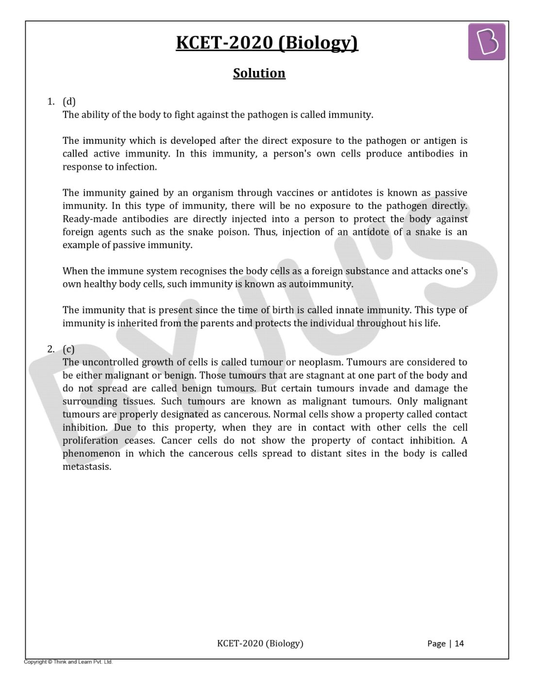KCET 2020 Biology Question Paper with Solutions