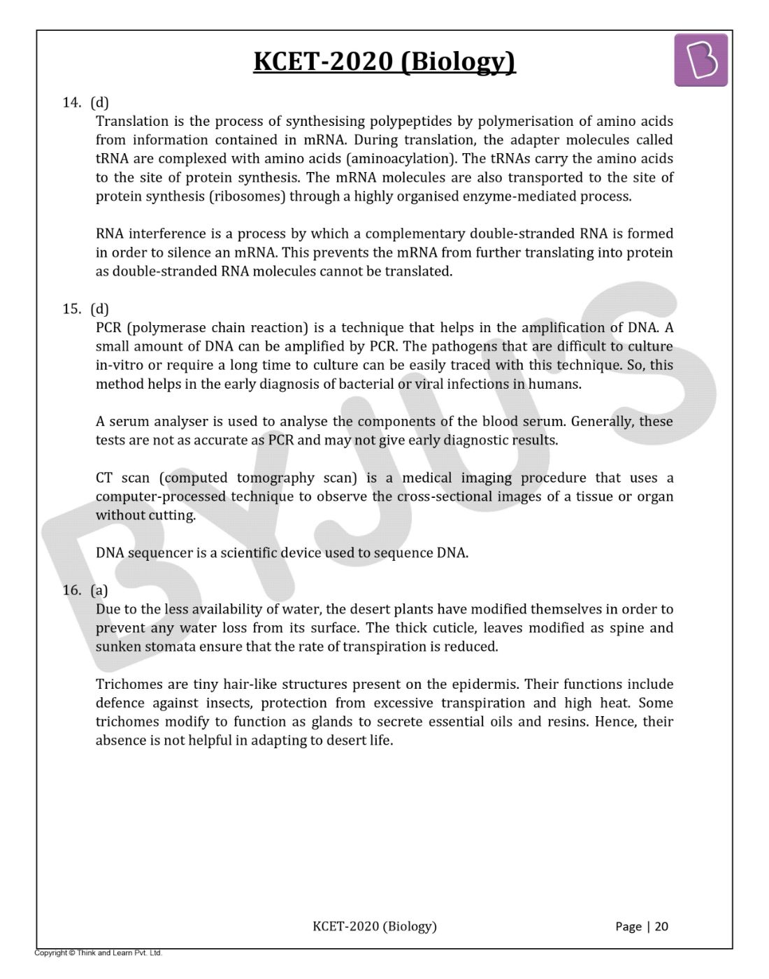 KCET 2020 Biology Question Paper with Solutions