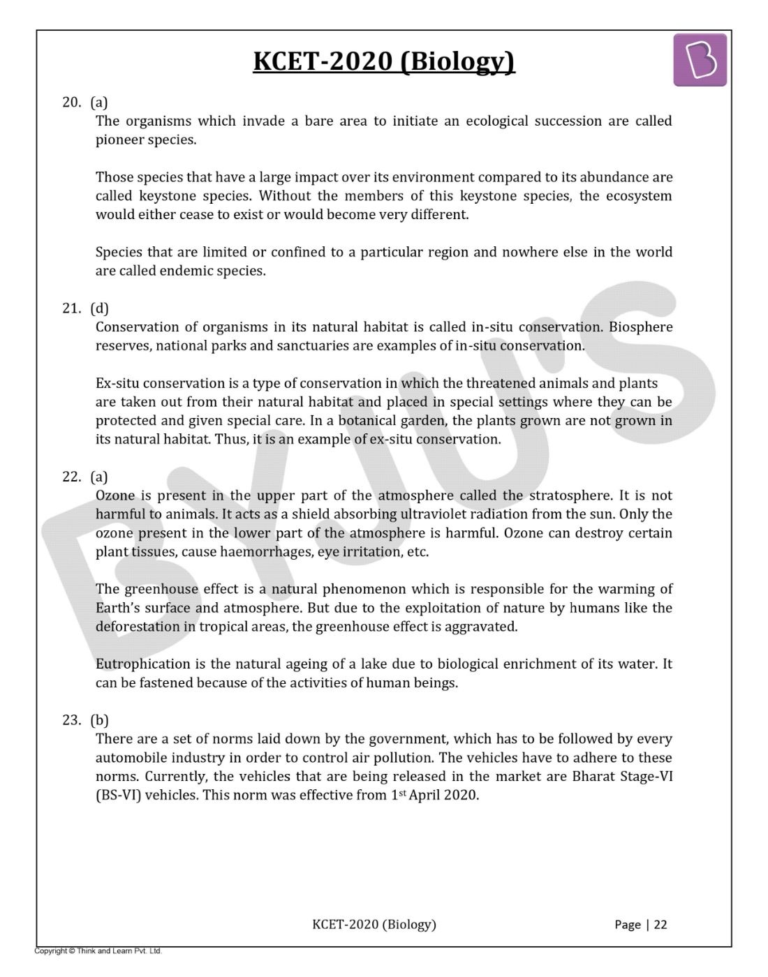 KCET 2020 Biology Question Paper with Solutions