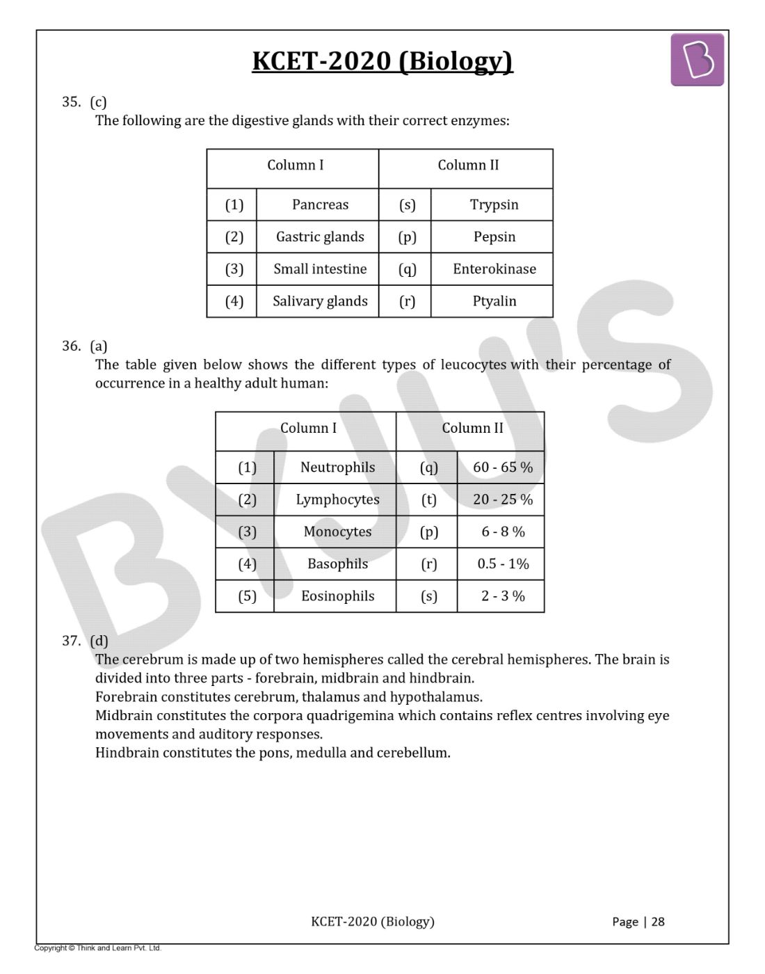 KCET 2020 Biology Question Paper with Solutions