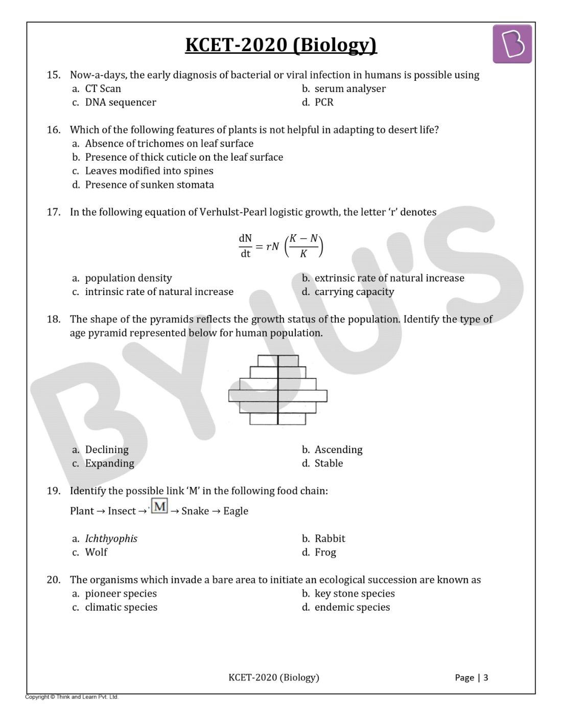KCET 2020 Biology Question Paper with Solutions