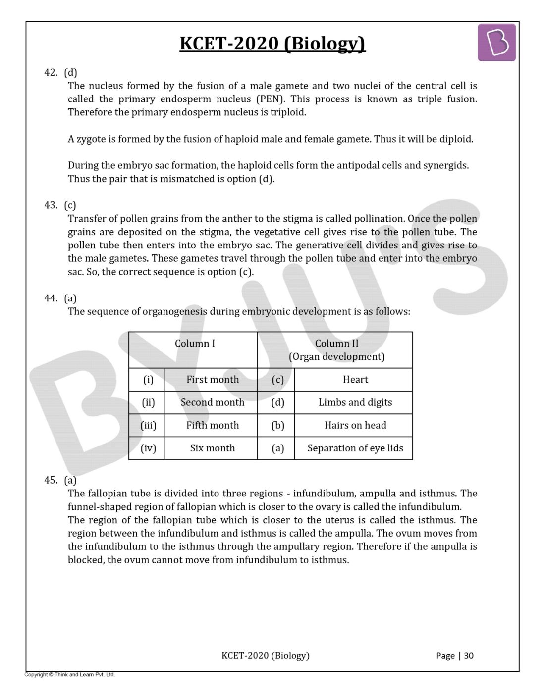 KCET 2020 Biology Question Paper with Solutions