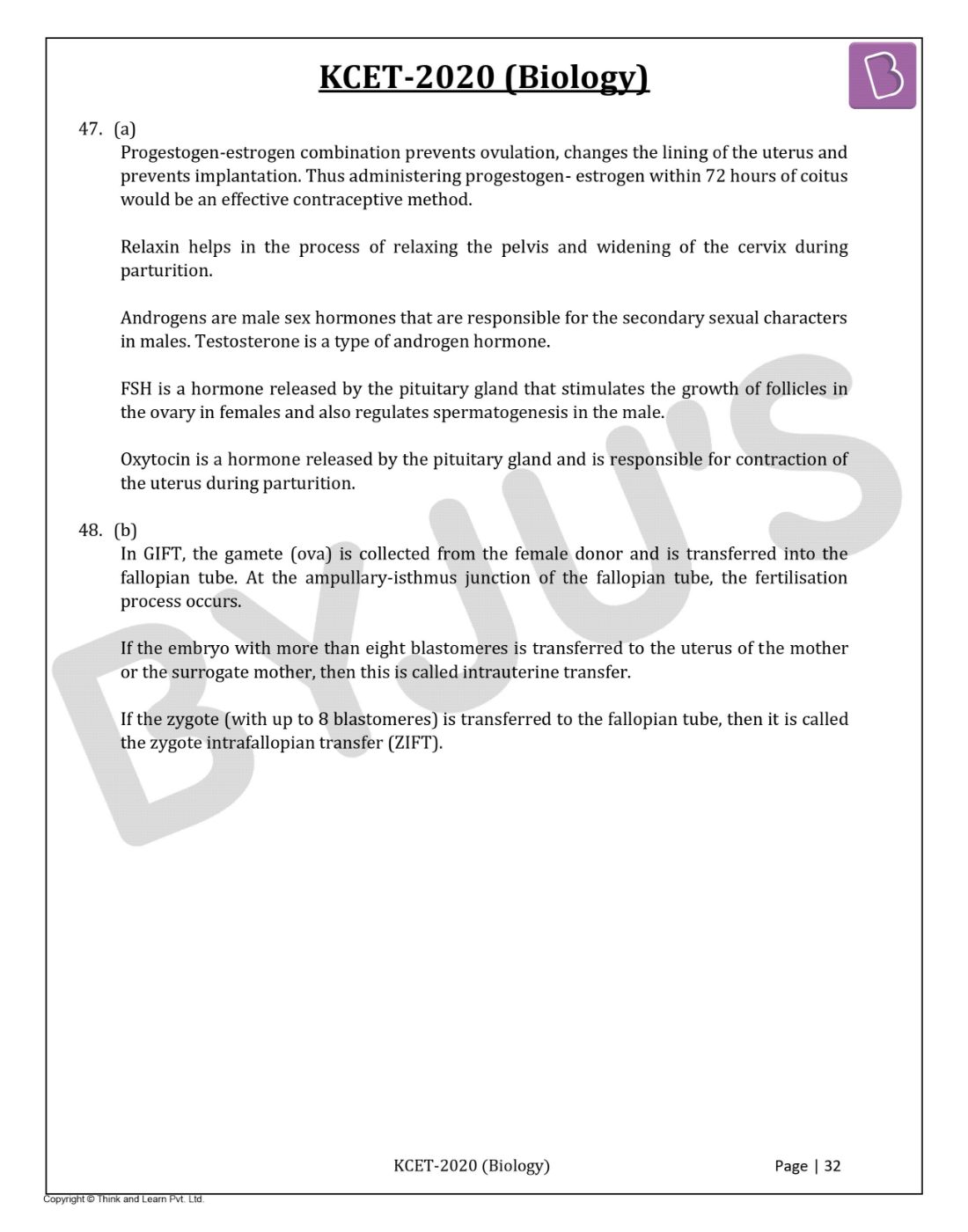 KCET 2020 Biology Question Paper with Solutions