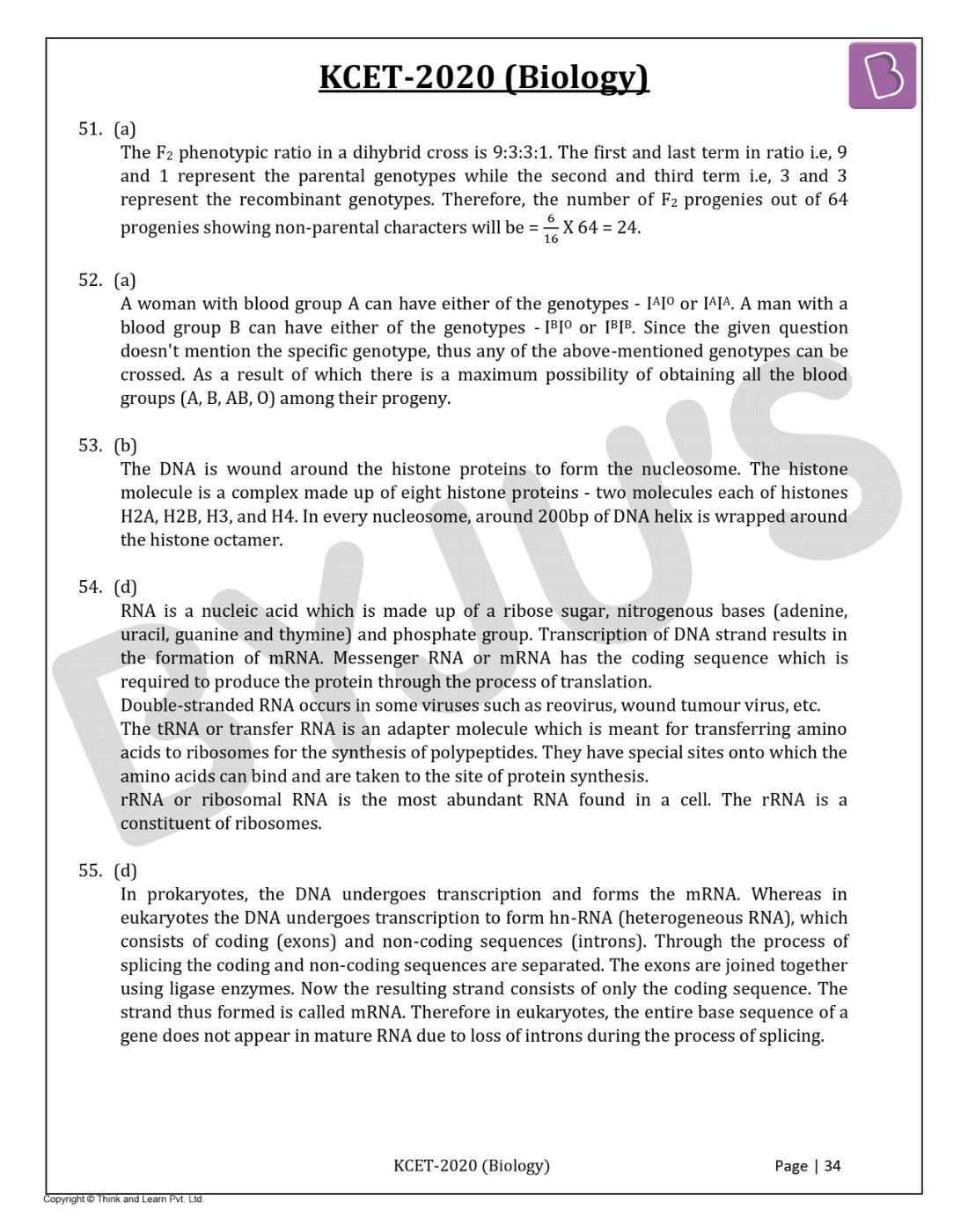 KCET 2020 Biology Question Paper with Solutions