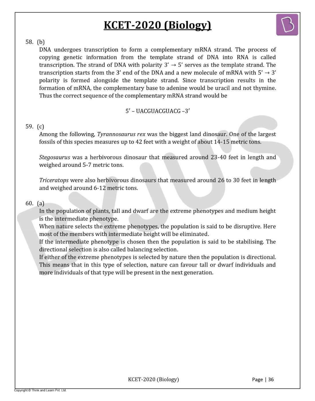 KCET 2020 Biology Question Paper with Solutions