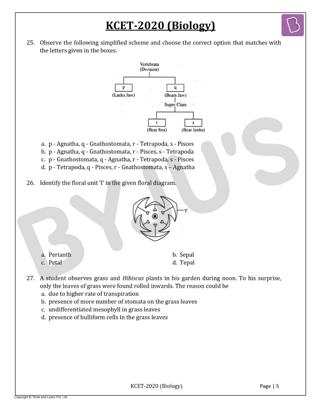 KCET 2020 Biology Question Paper with Solutions