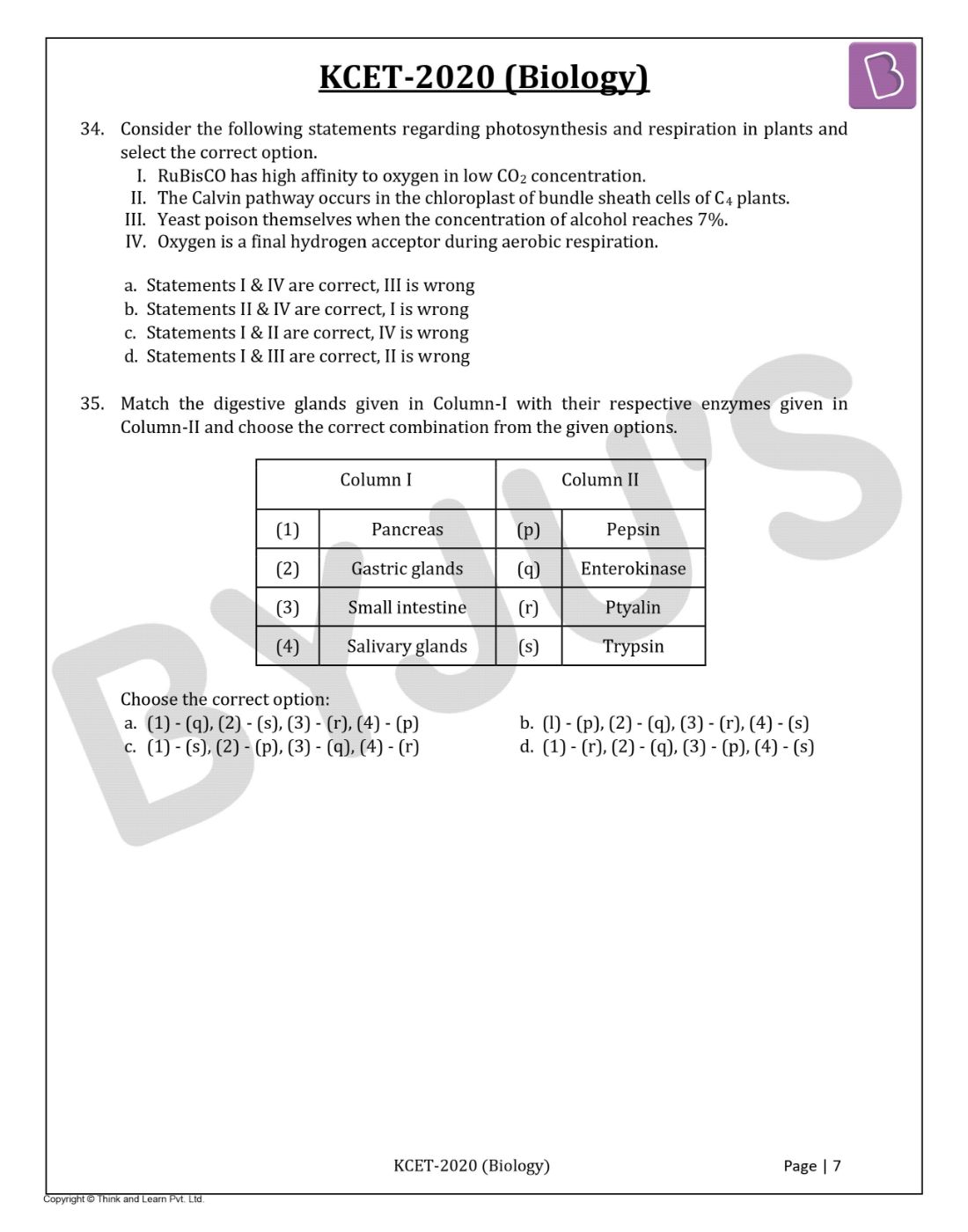 KCET 2020 Biology Question Paper with Solutions