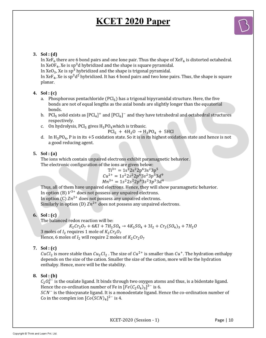 KCET 2020 Chemistry Question Paper with Solutions