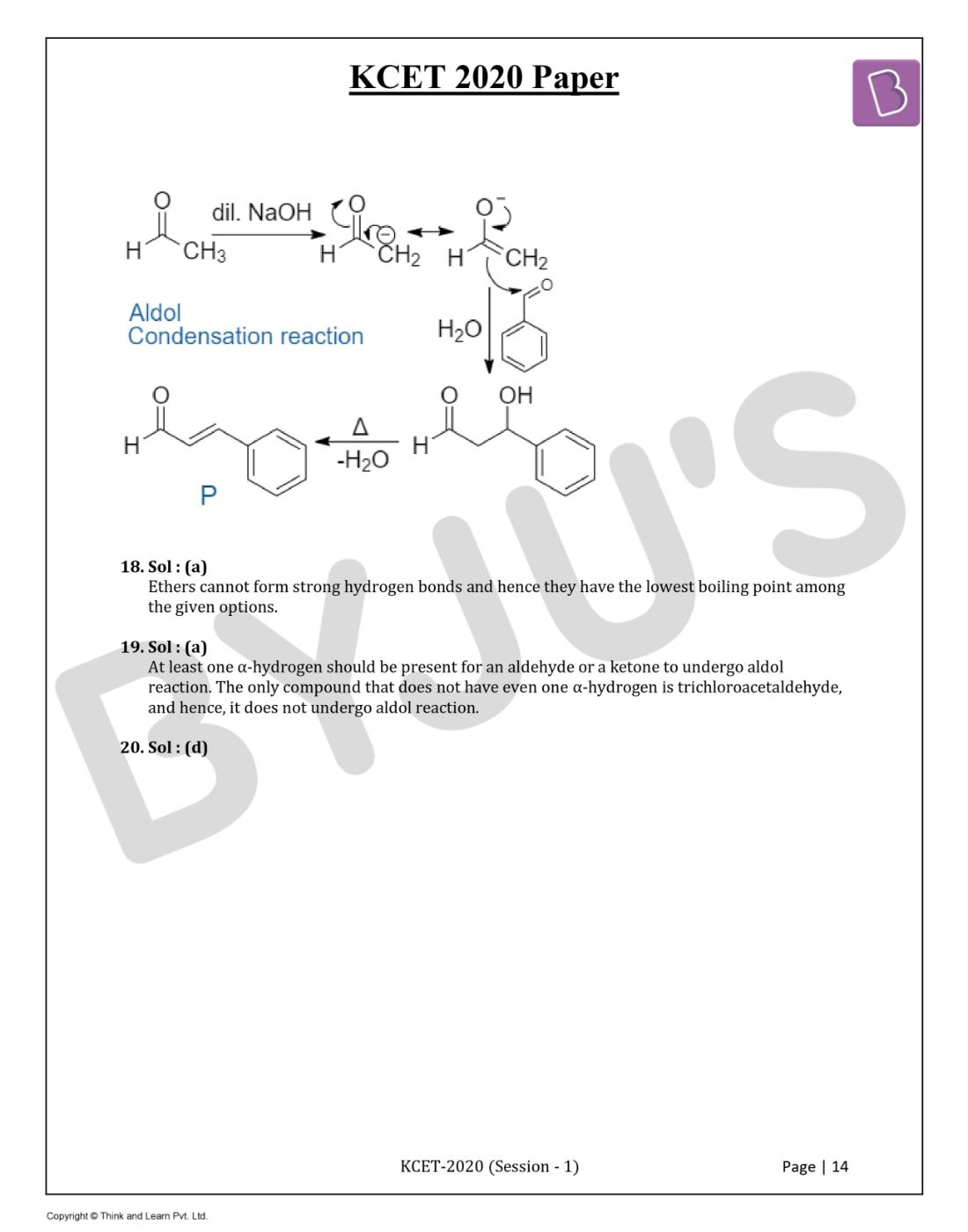 KCET 2020 Chemistry Question Paper with Solutions
