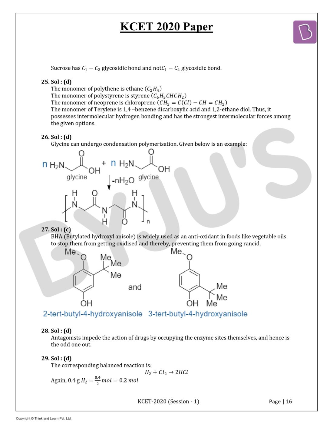 KCET 2020 Chemistry Question Paper with Solutions