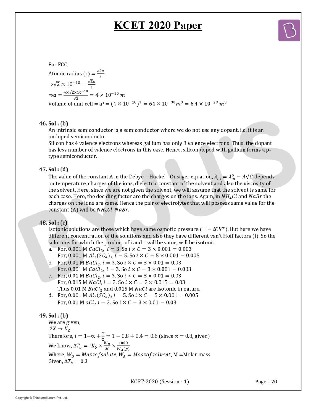 KCET 2020 Chemistry Question Paper with Solutions