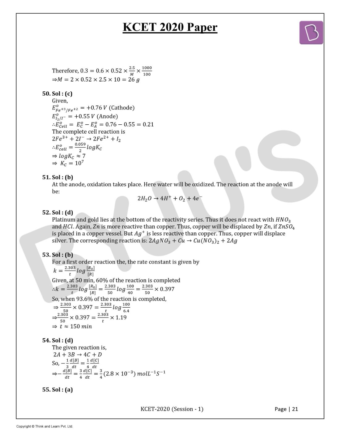 KCET 2020 Chemistry Question Paper with Solutions