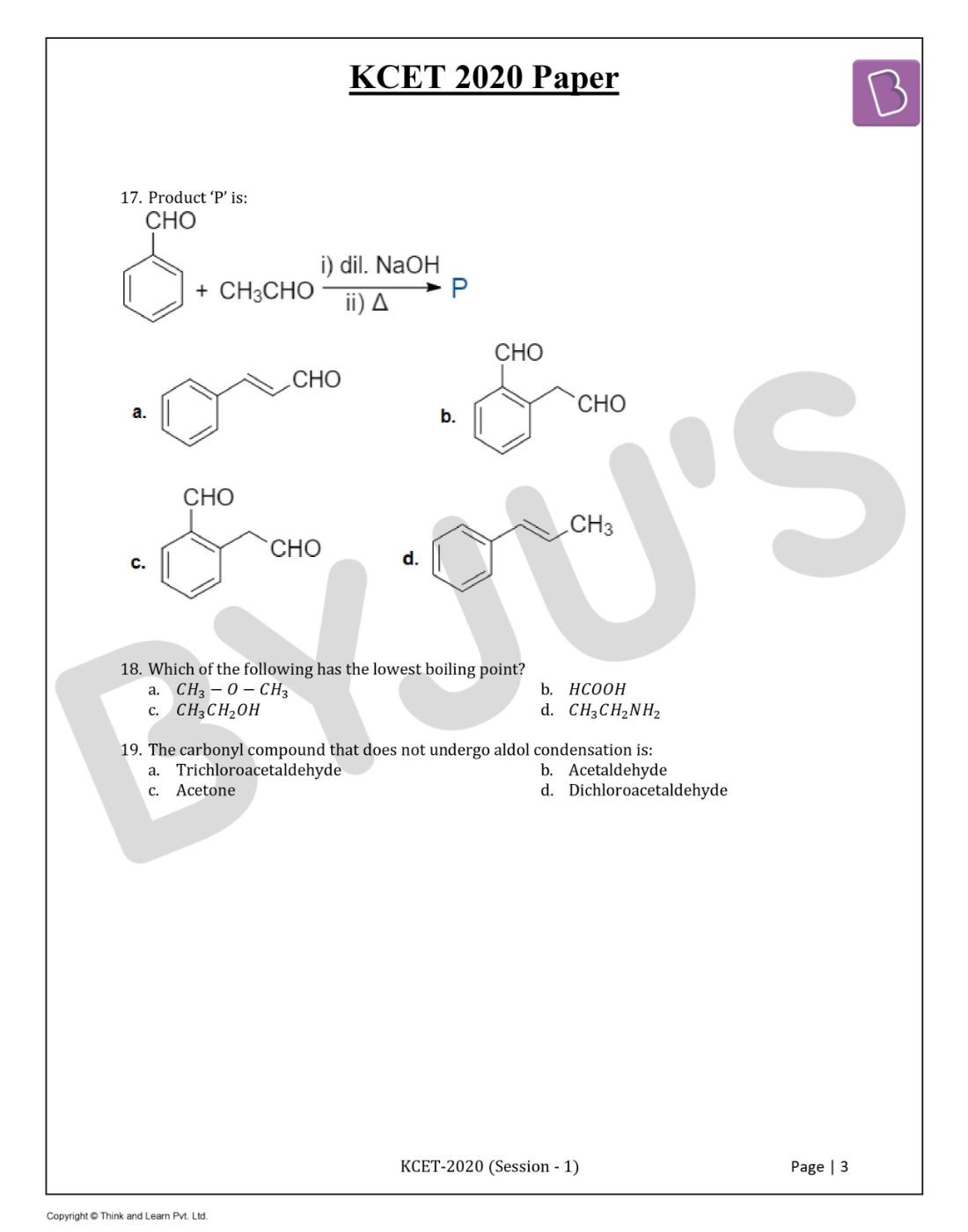 KCET 2020 Chemistry Question Paper with Solutions