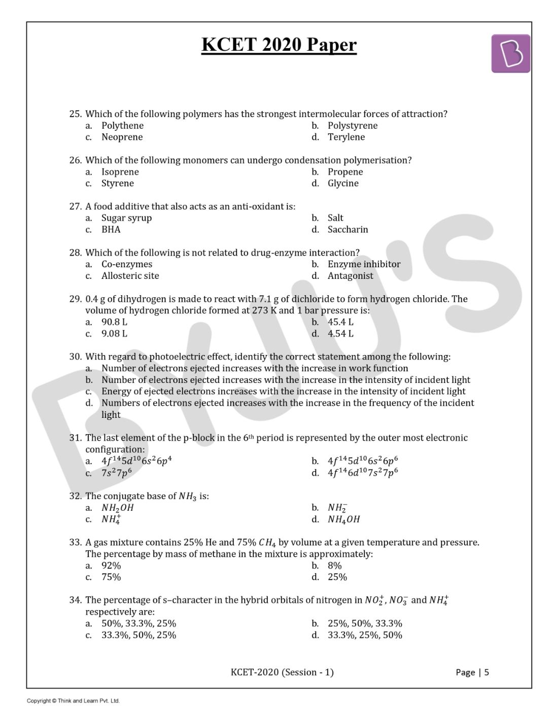 KCET 2020 Chemistry Question Paper with Solutions