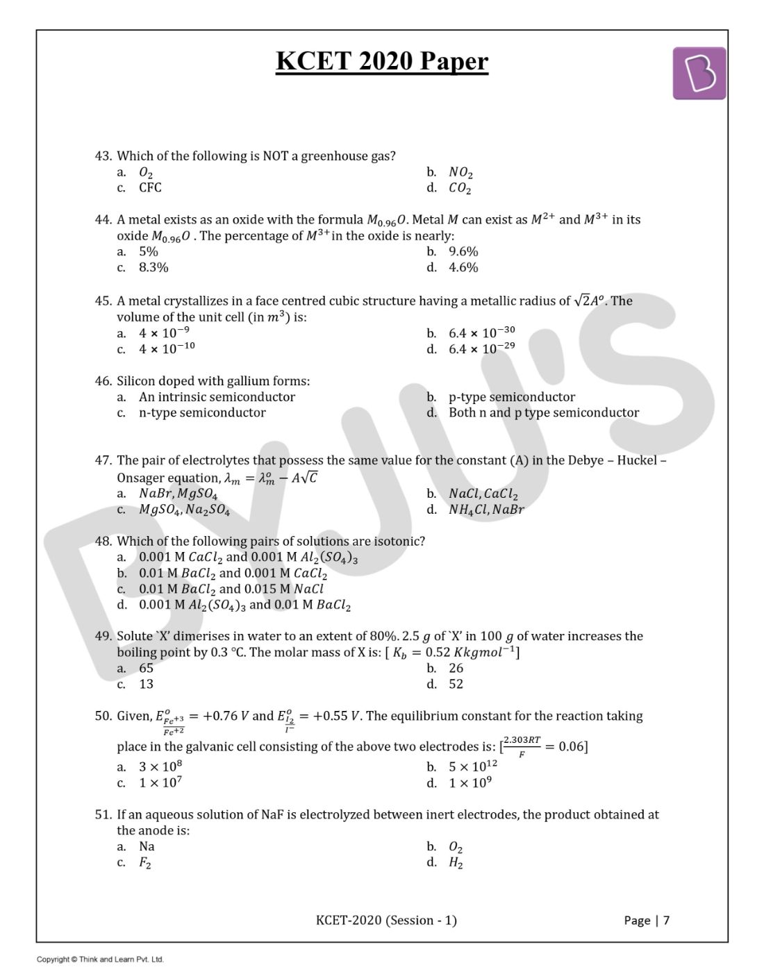 KCET 2020 Chemistry Question Paper with Solutions