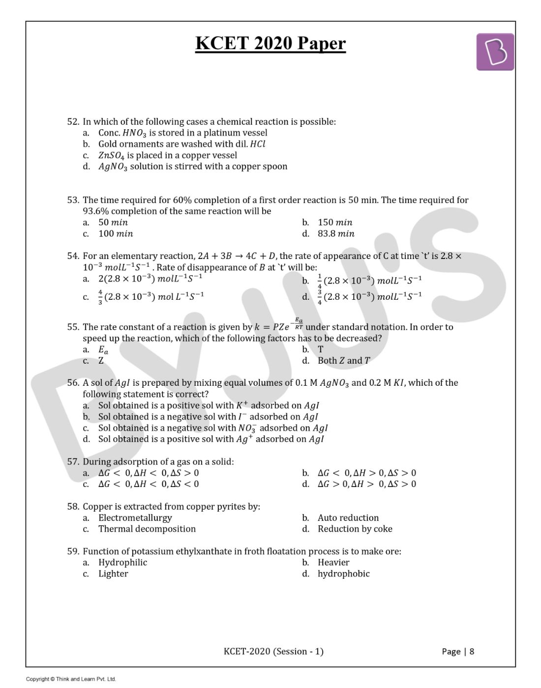 KCET 2020 Chemistry Question Paper with Solutions