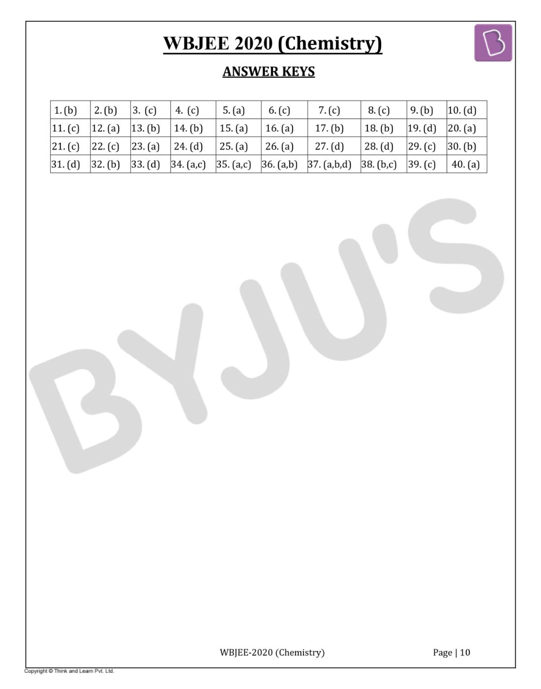 WBJEE 2020 Chemistry Question Paper with Solutions