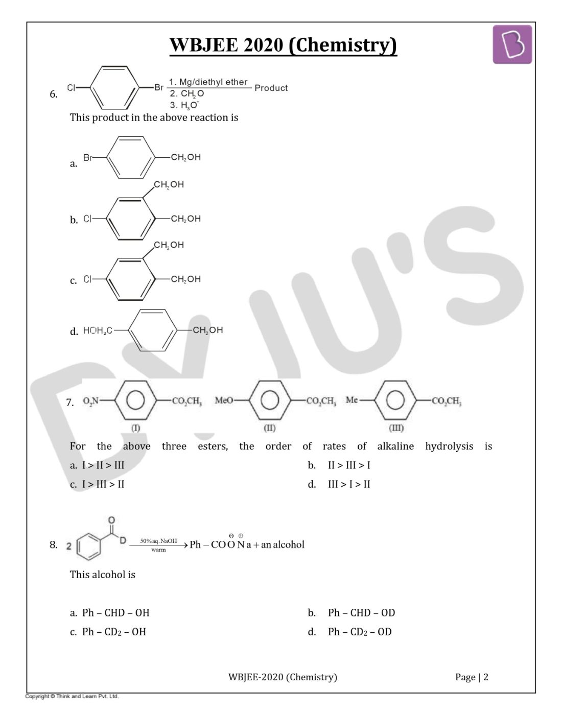 WBJEE 2020 Chemistry Question Paper with Solutions