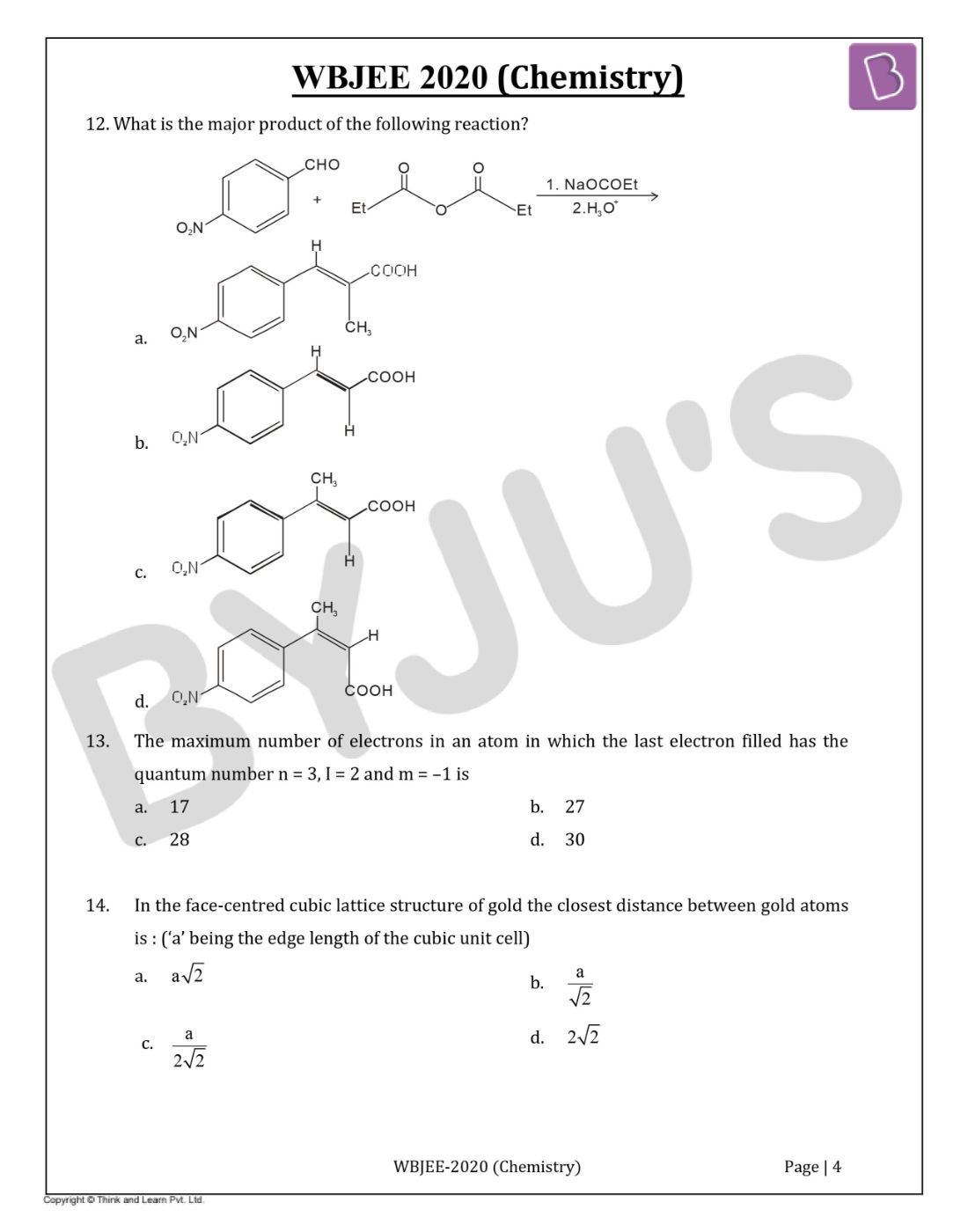 WBJEE 2020 Chemistry Question Paper with Solutions