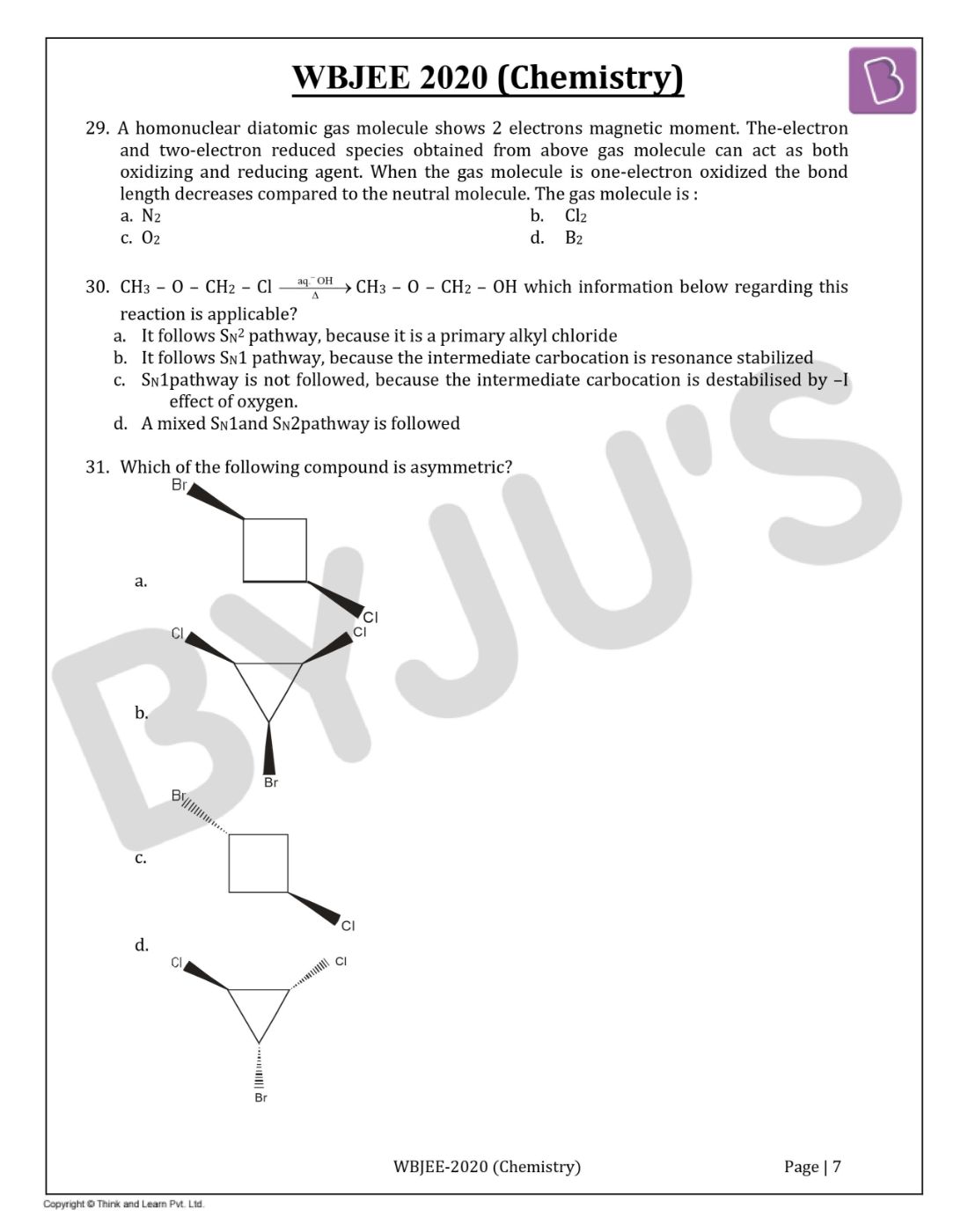 WBJEE 2020 Chemistry Question Paper with Solutions