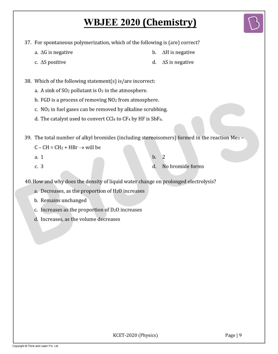 WBJEE 2020 Chemistry Question Paper with Solutions