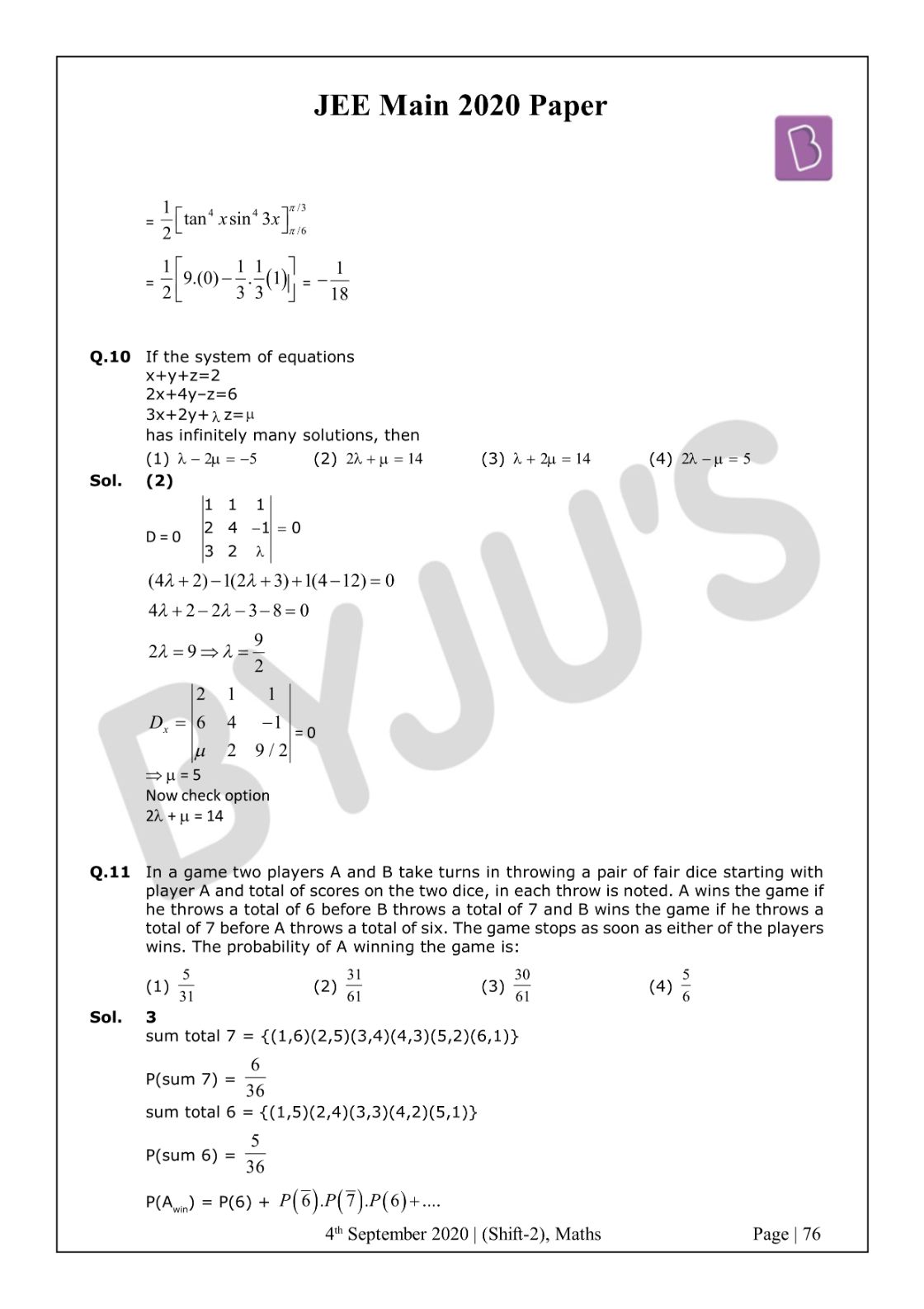 JEE Main 2020 Paper With Solutions Maths Shift 2 (Sept 4 ...