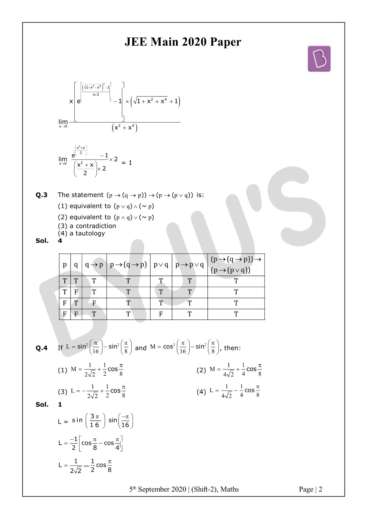 JEE Main 2020 Paper With Solutions Maths Shift 2 (Sept 5 ...