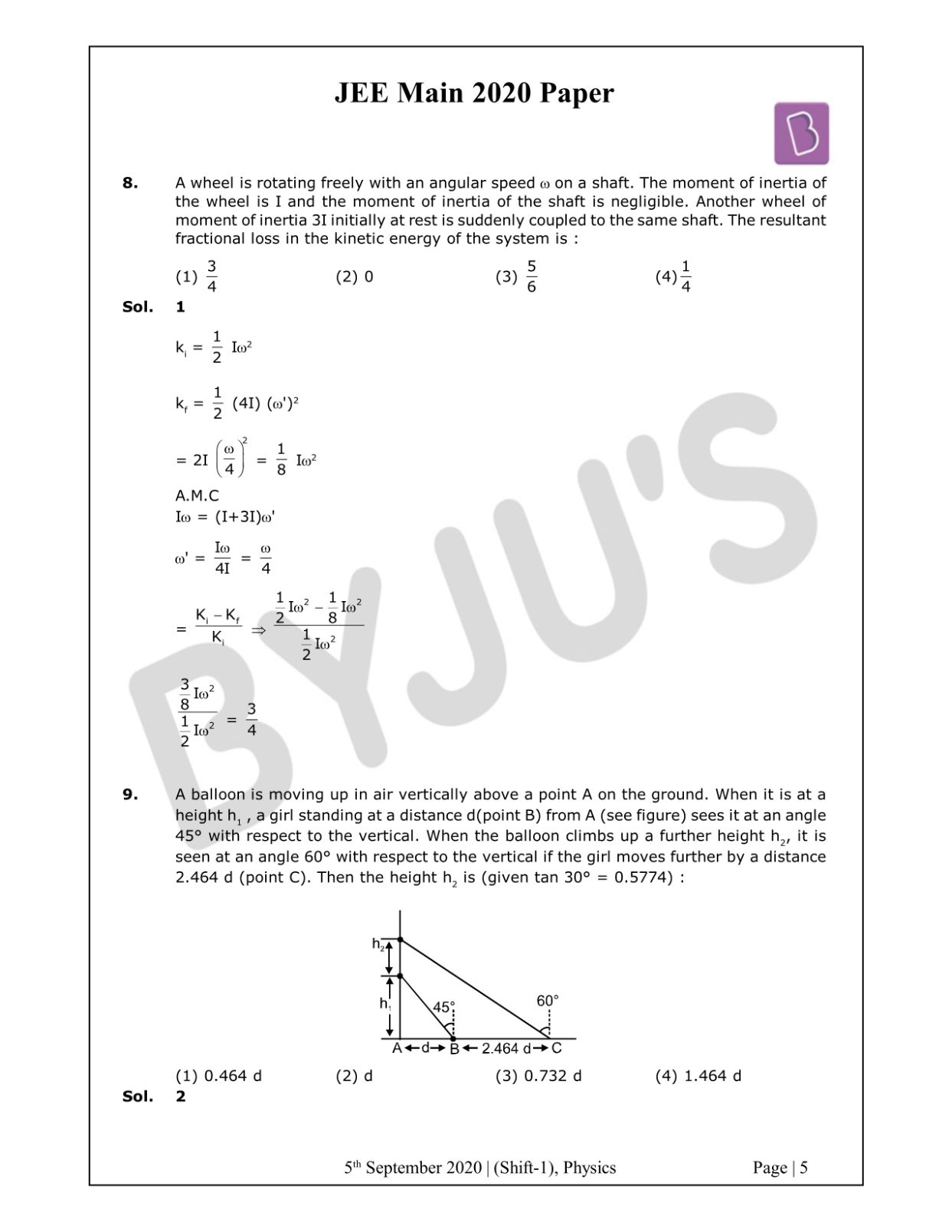 JEE Main 2020 Paper With Solutions Physics Shift 1 (Sept 5 ...