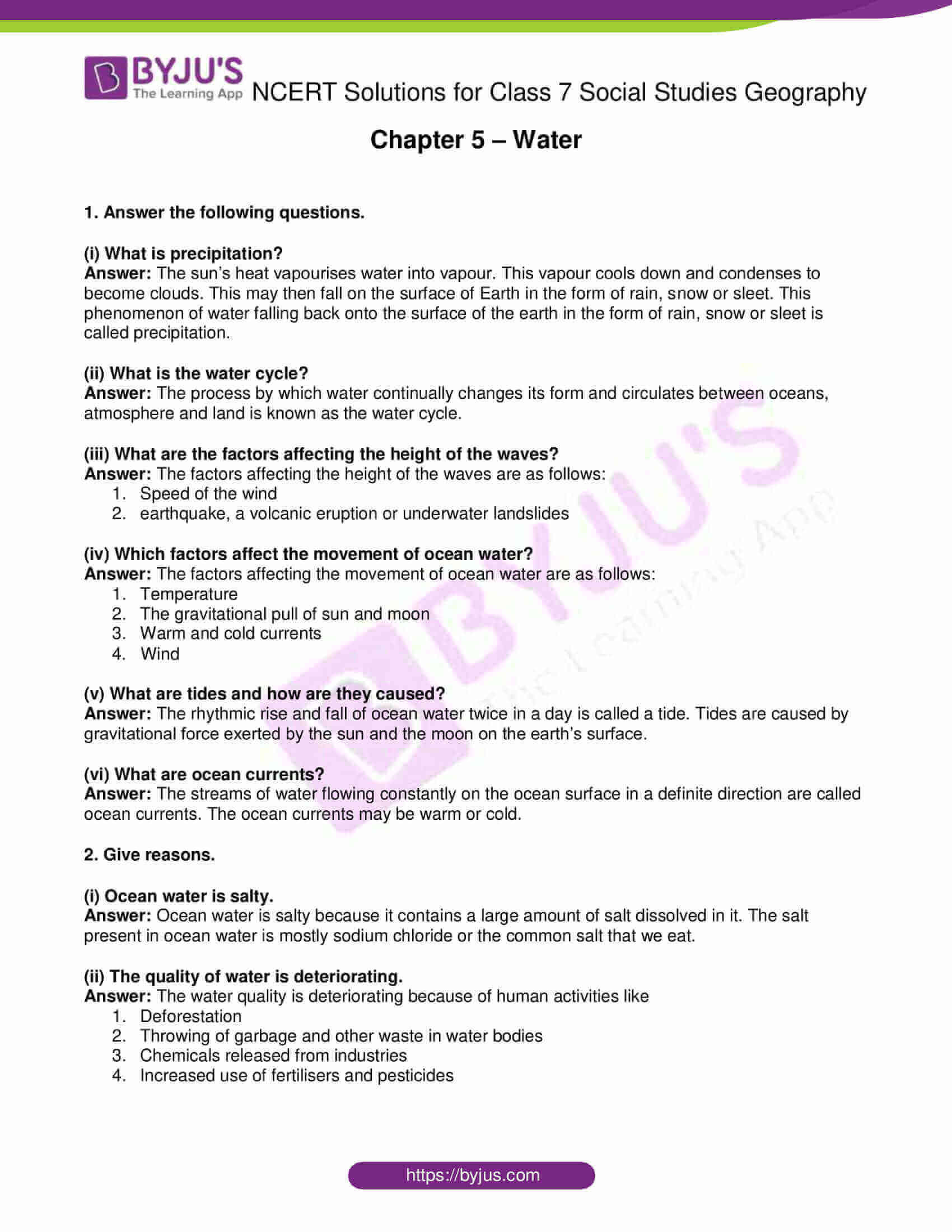 NCERT Solutions For Class 7 Geography Social Science Chapter 5 Water Free PDF