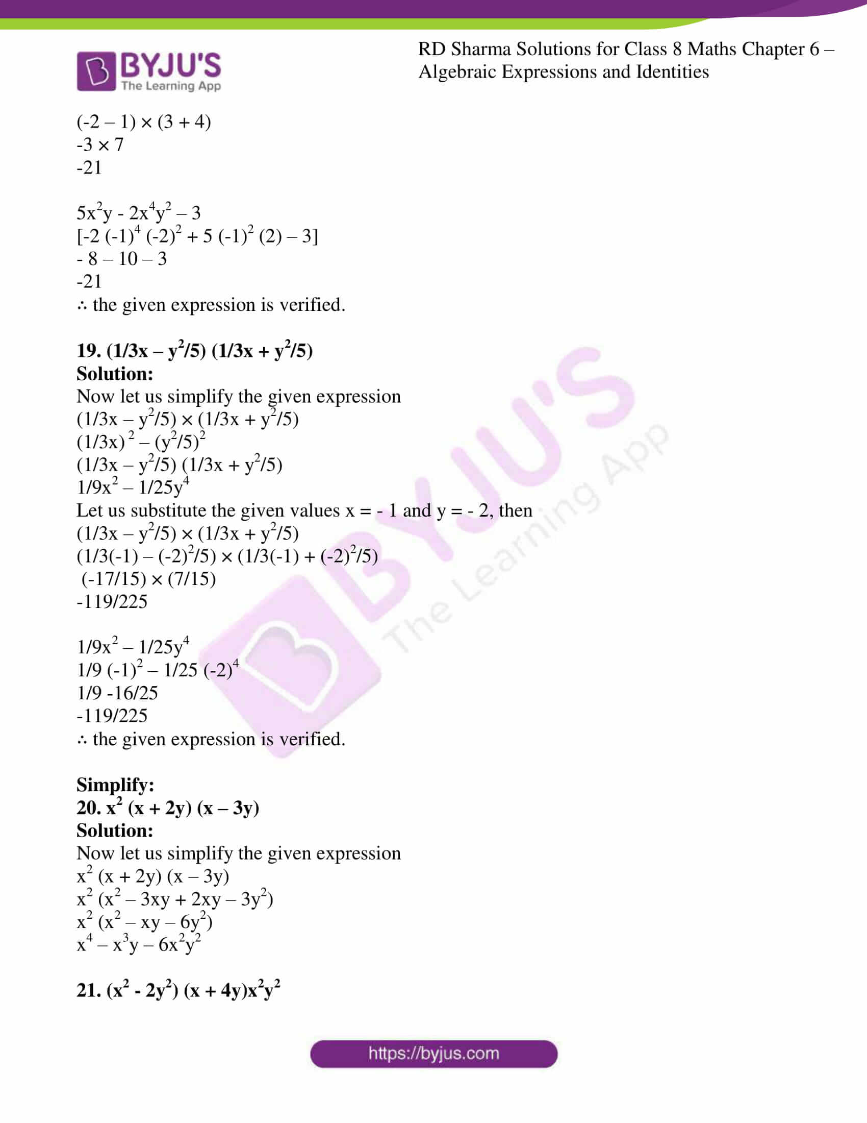 RD Sharma Solutions for Class 8 Chapter 6 - Algebraic Expressions